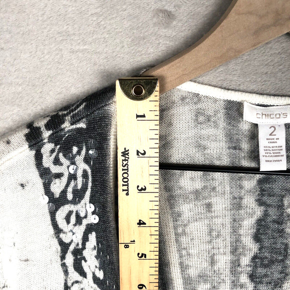 CHICOS Open Cardigan Sz 2 (L) Gray Ivory Wool Cashmere Light Sweater Sequins - Picture 5 of 15